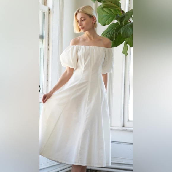 FreeMarket PROTECTING MY PEACE WOVEN MIDI DRESS Elegant Off-Shoulder White Dress - Picture 1 of 5